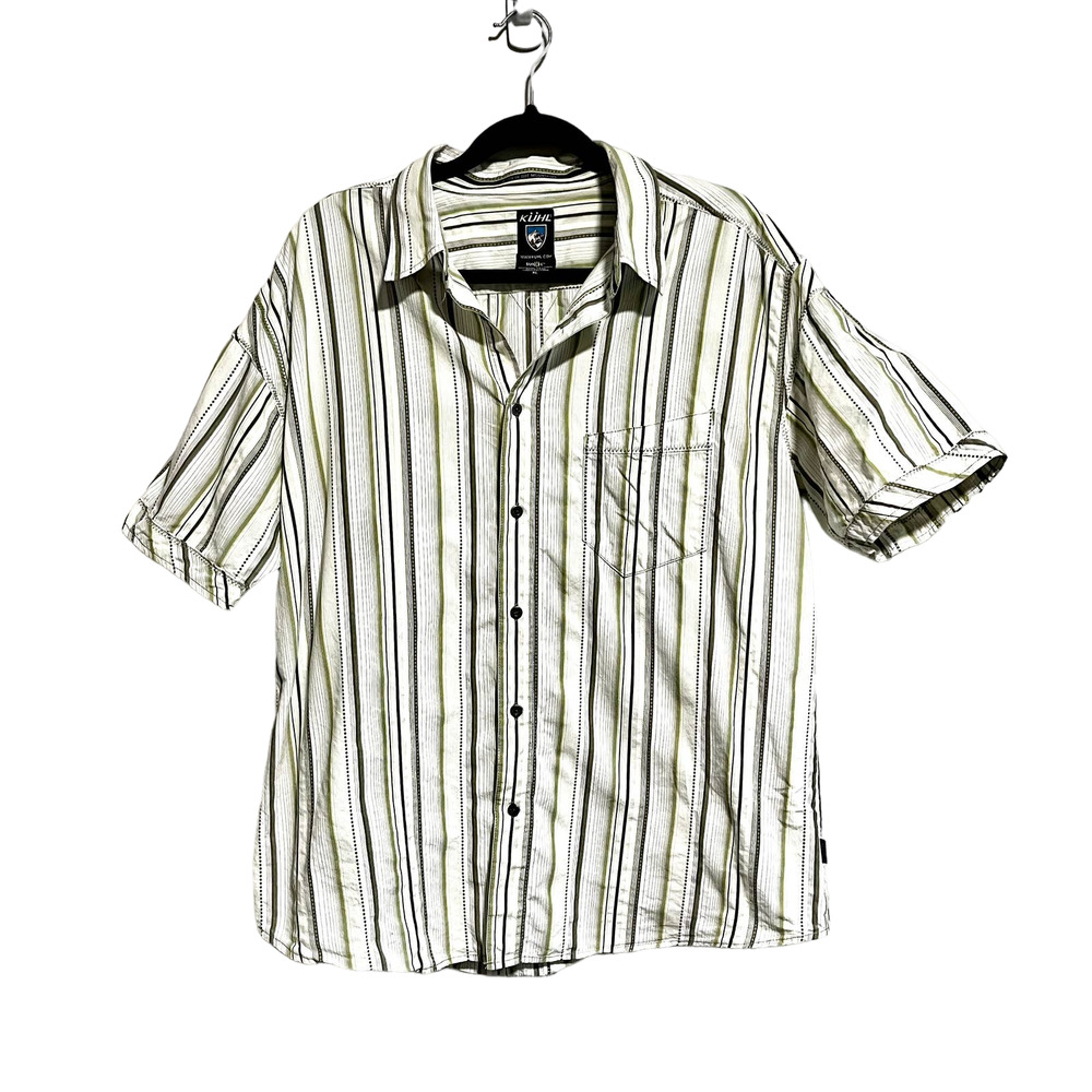 Kuhl Men's Button Down Casual Shirt Green Stripes Suncel Cotton Tencel